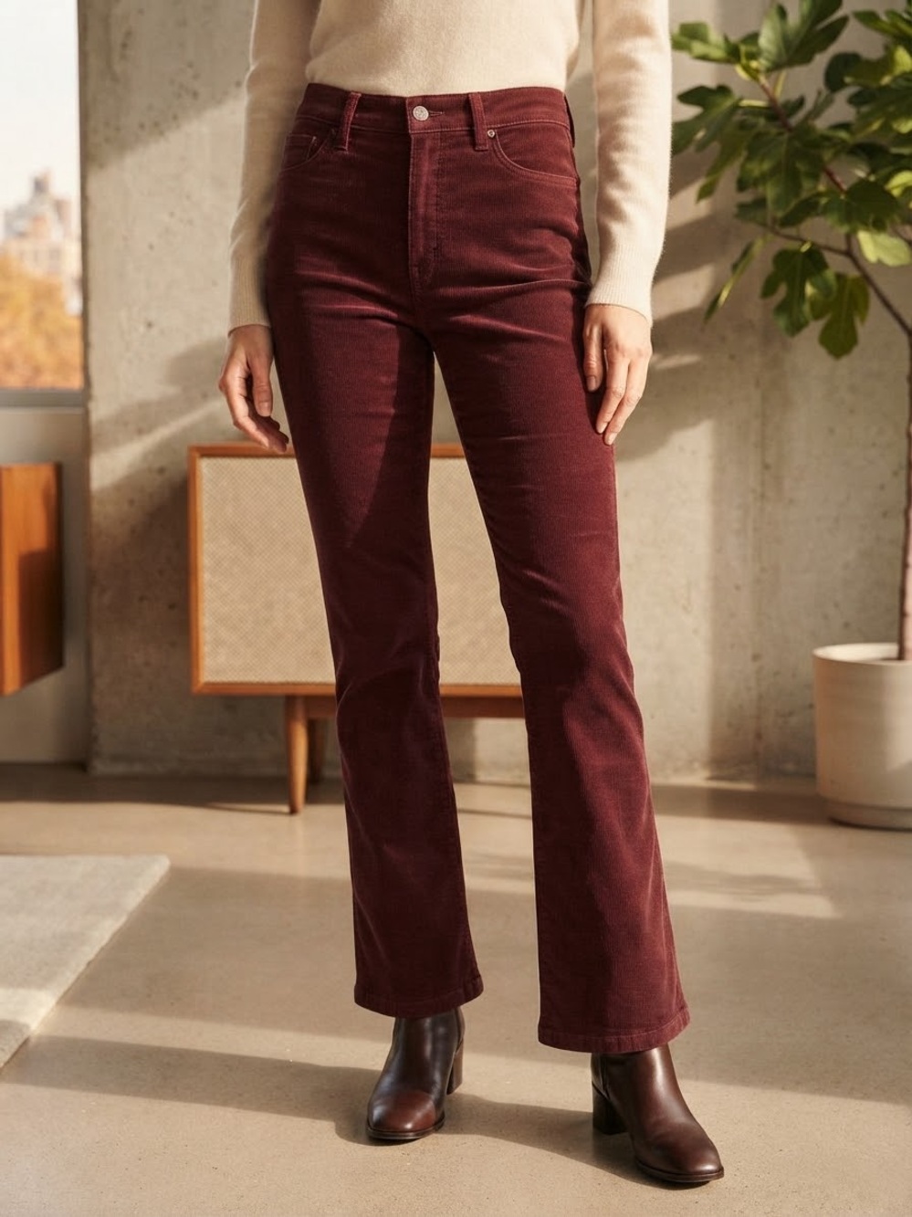 Kensie High Rise Corduroy Bootcut Pants in Dark Rust